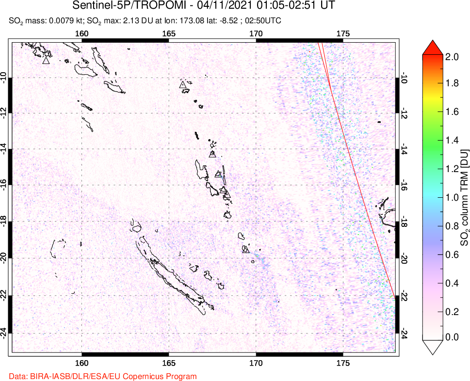 A sulfur dioxide image over Vanuatu, South Pacific on Apr 11, 2021.