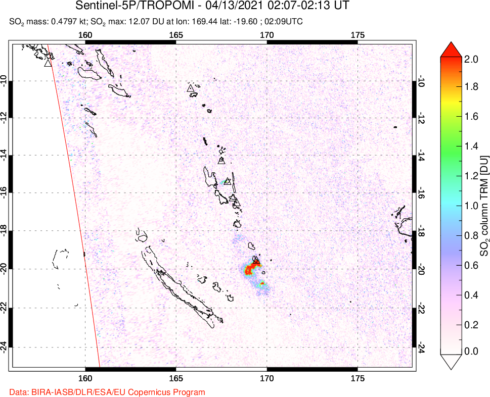 A sulfur dioxide image over Vanuatu, South Pacific on Apr 13, 2021.