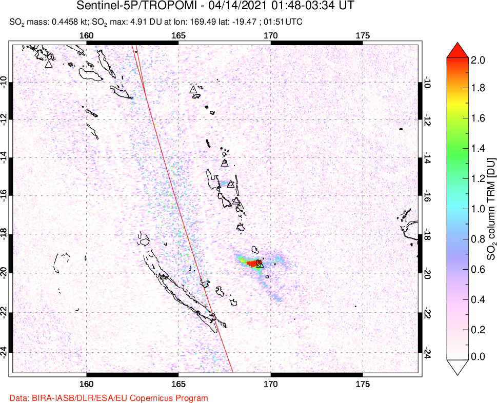 A sulfur dioxide image over Vanuatu, South Pacific on Apr 14, 2021.