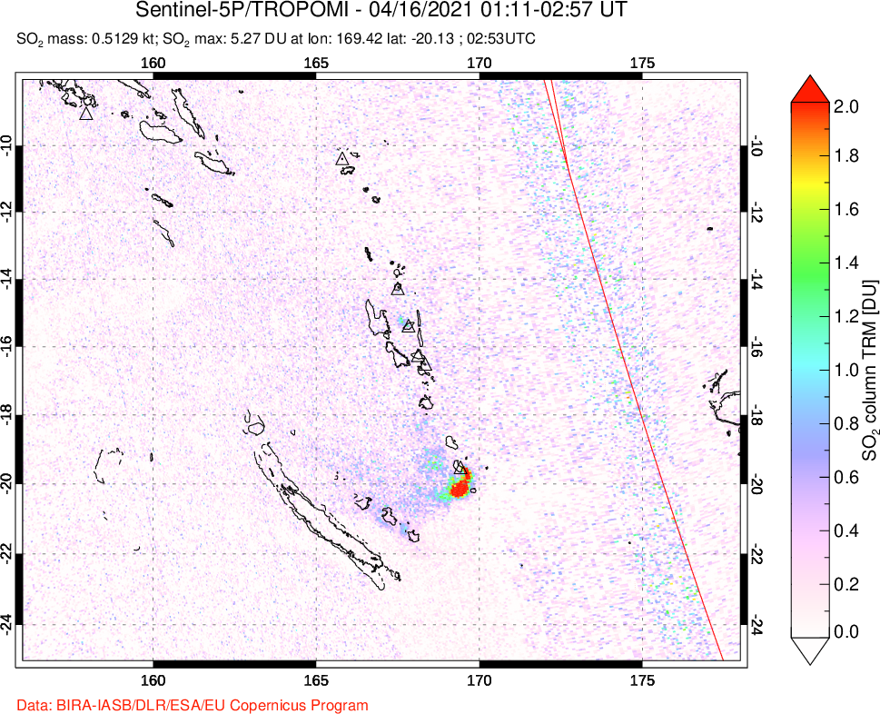 A sulfur dioxide image over Vanuatu, South Pacific on Apr 16, 2021.
