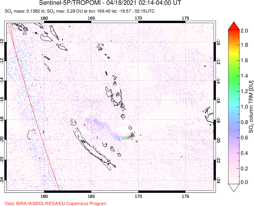 A sulfur dioxide image over Vanuatu, South Pacific on Apr 18, 2021.