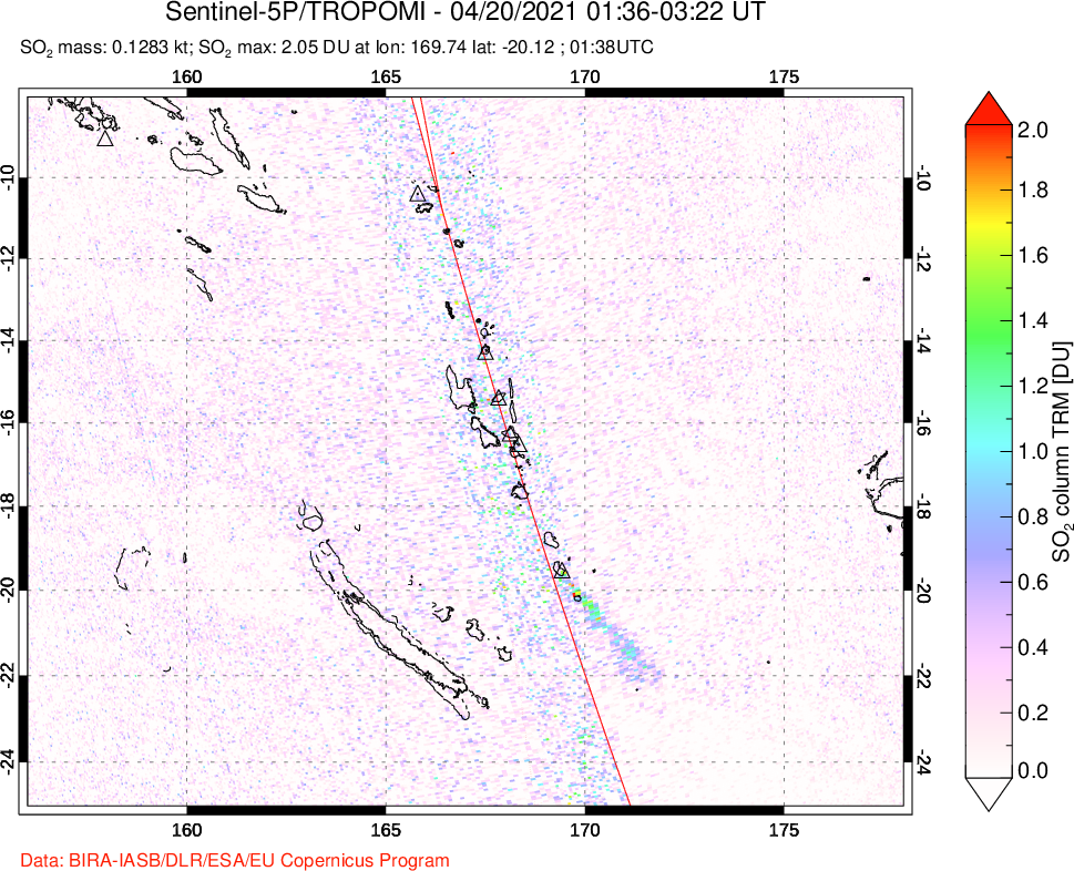 A sulfur dioxide image over Vanuatu, South Pacific on Apr 20, 2021.