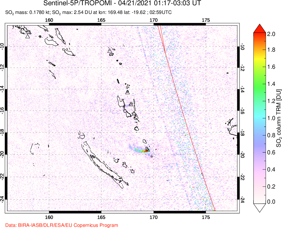 A sulfur dioxide image over Vanuatu, South Pacific on Apr 21, 2021.