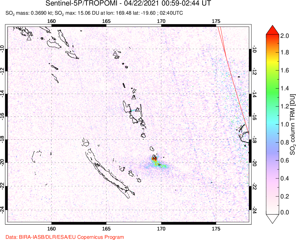 A sulfur dioxide image over Vanuatu, South Pacific on Apr 22, 2021.