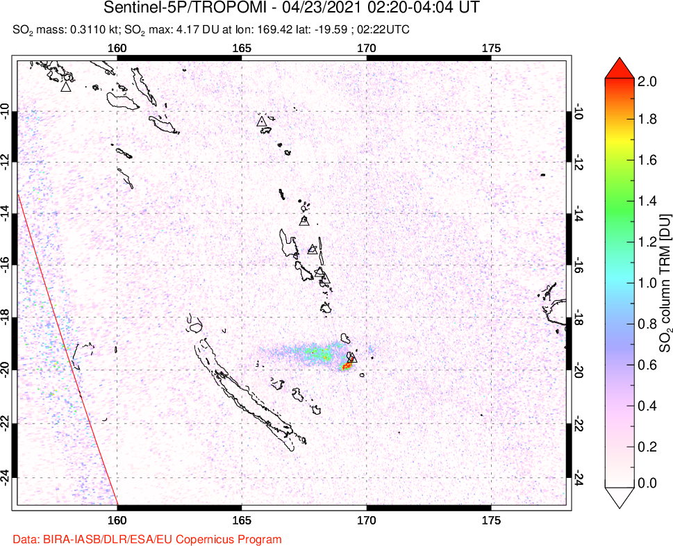 A sulfur dioxide image over Vanuatu, South Pacific on Apr 23, 2021.