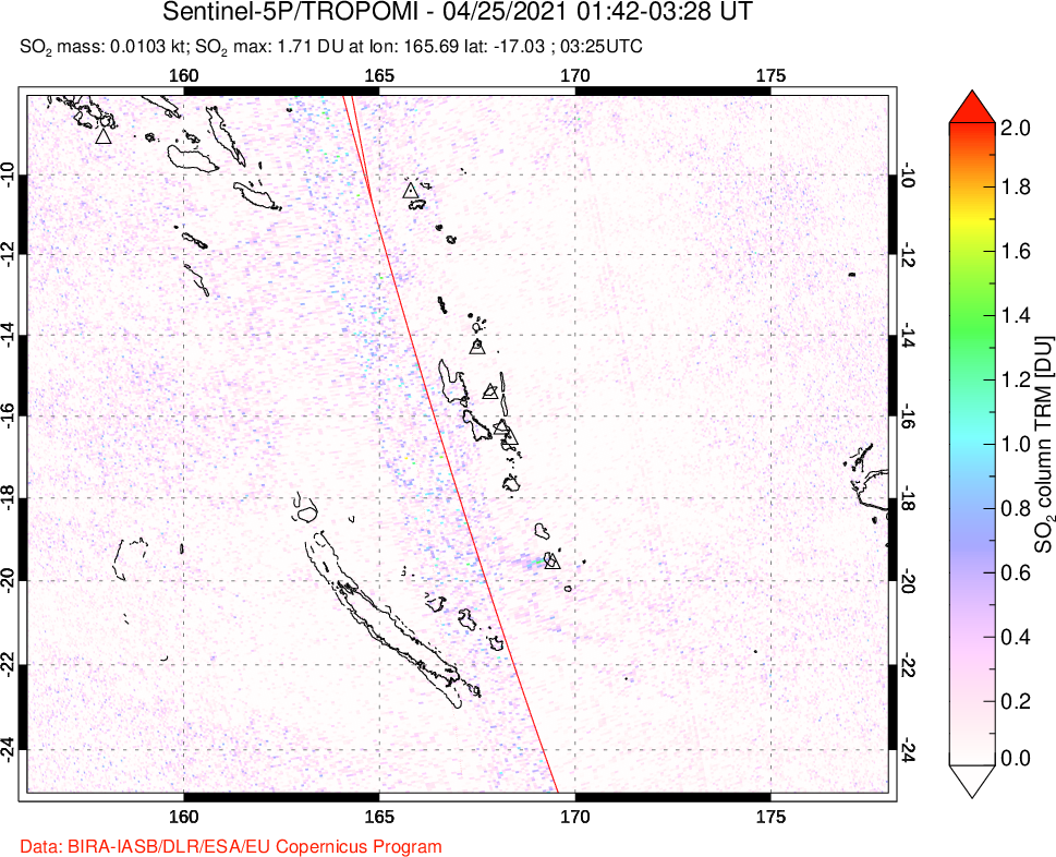 A sulfur dioxide image over Vanuatu, South Pacific on Apr 25, 2021.