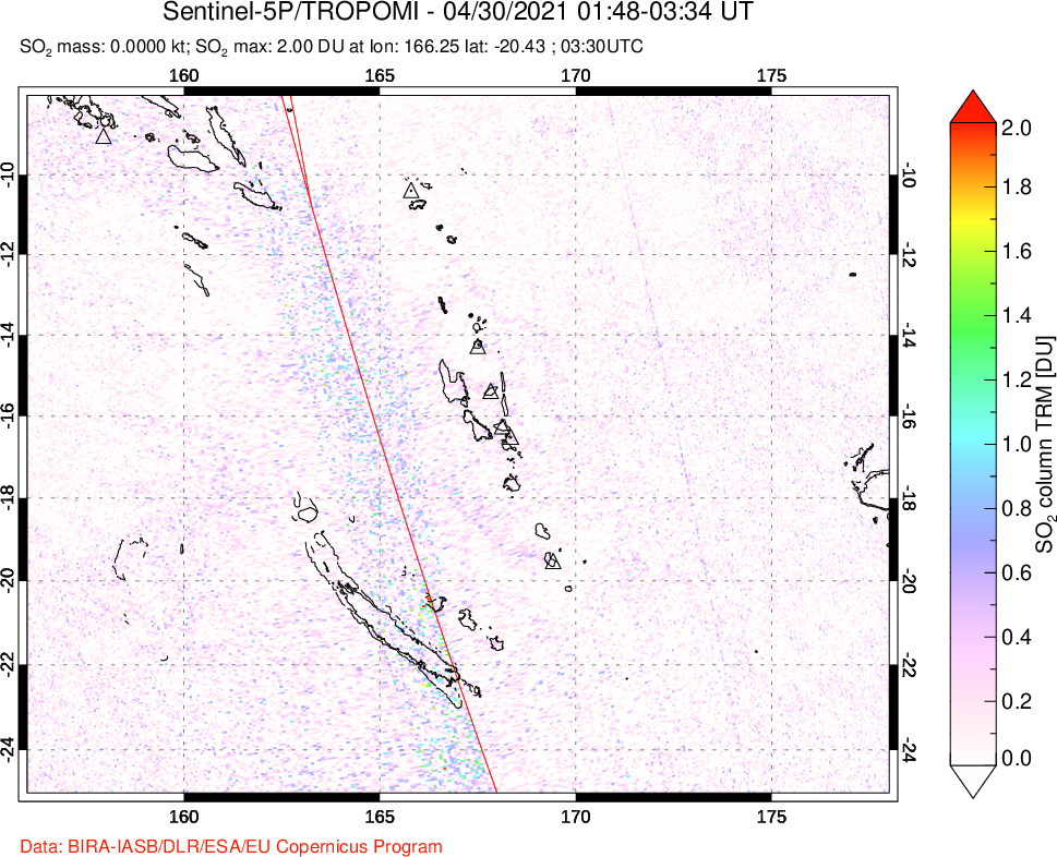 A sulfur dioxide image over Vanuatu, South Pacific on Apr 30, 2021.