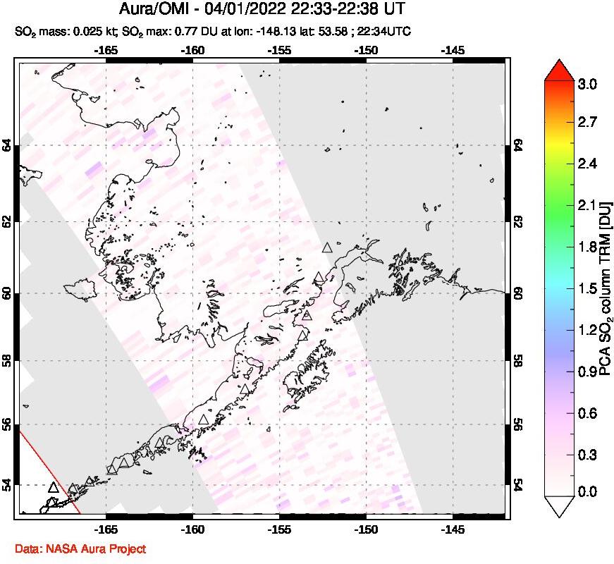 A sulfur dioxide image over Alaska, USA on Apr 01, 2022.