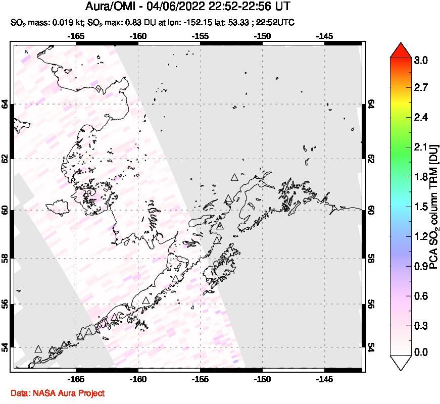 A sulfur dioxide image over Alaska, USA on Apr 06, 2022.