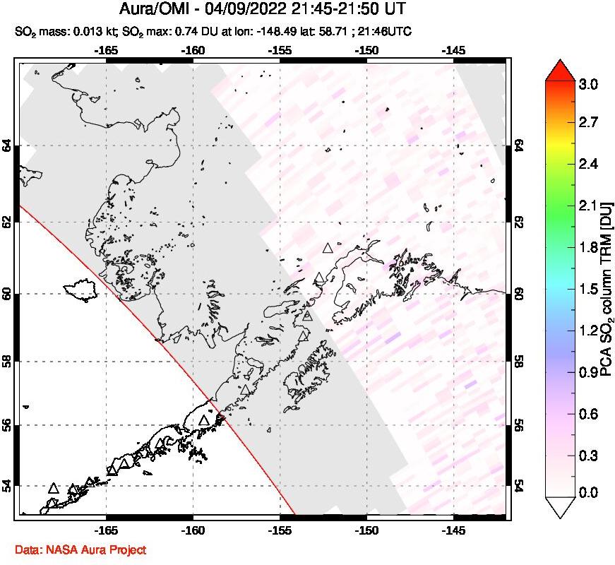 A sulfur dioxide image over Alaska, USA on Apr 09, 2022.