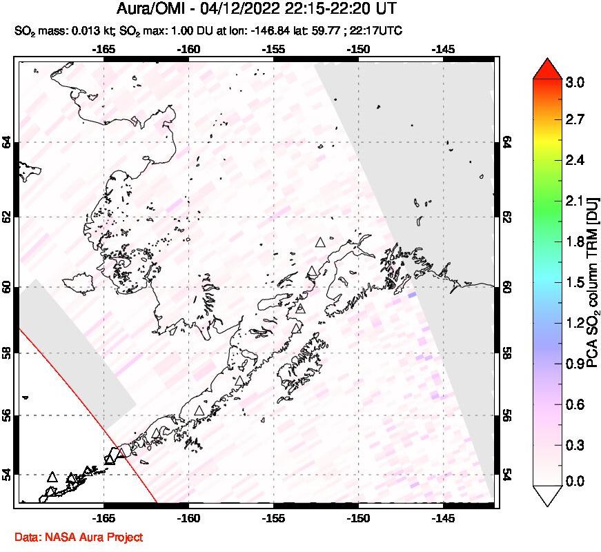 A sulfur dioxide image over Alaska, USA on Apr 12, 2022.