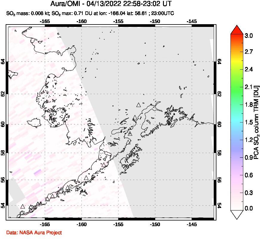 A sulfur dioxide image over Alaska, USA on Apr 13, 2022.