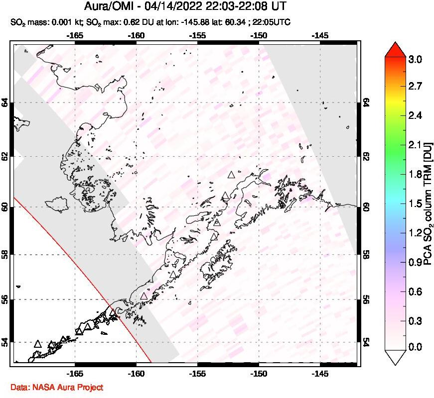 A sulfur dioxide image over Alaska, USA on Apr 14, 2022.