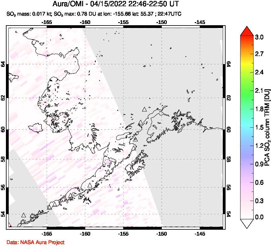 A sulfur dioxide image over Alaska, USA on Apr 15, 2022.