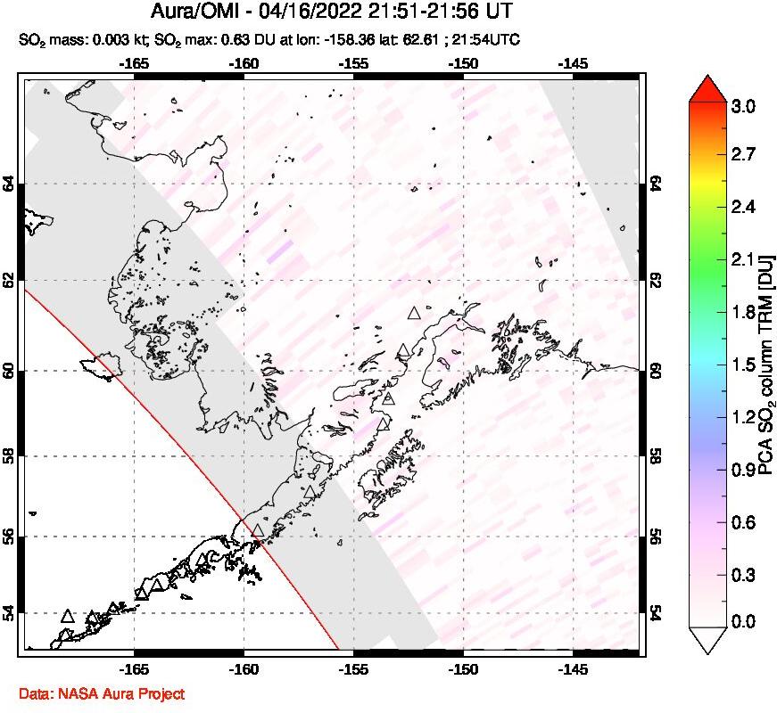A sulfur dioxide image over Alaska, USA on Apr 16, 2022.