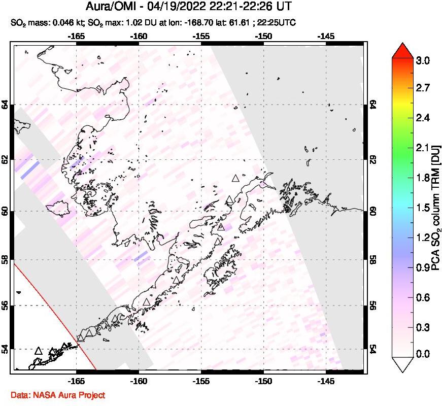 A sulfur dioxide image over Alaska, USA on Apr 19, 2022.