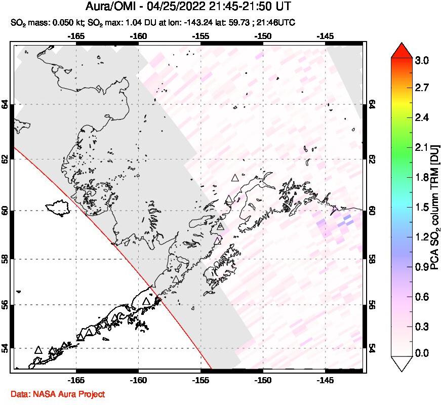 A sulfur dioxide image over Alaska, USA on Apr 25, 2022.