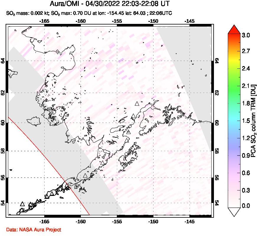 A sulfur dioxide image over Alaska, USA on Apr 30, 2022.