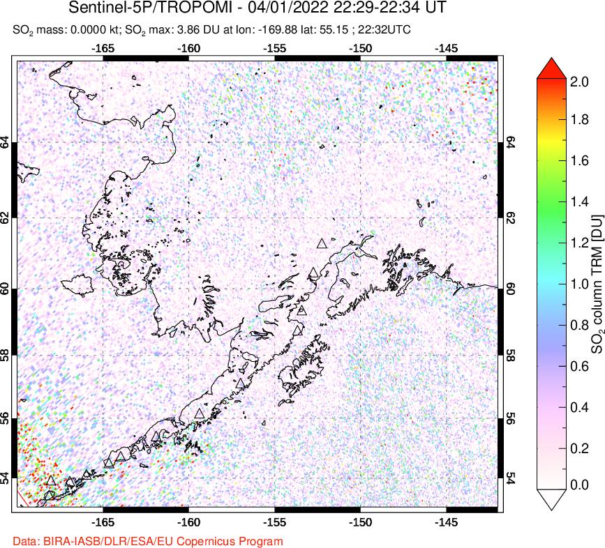 A sulfur dioxide image over Alaska, USA on Apr 01, 2022.