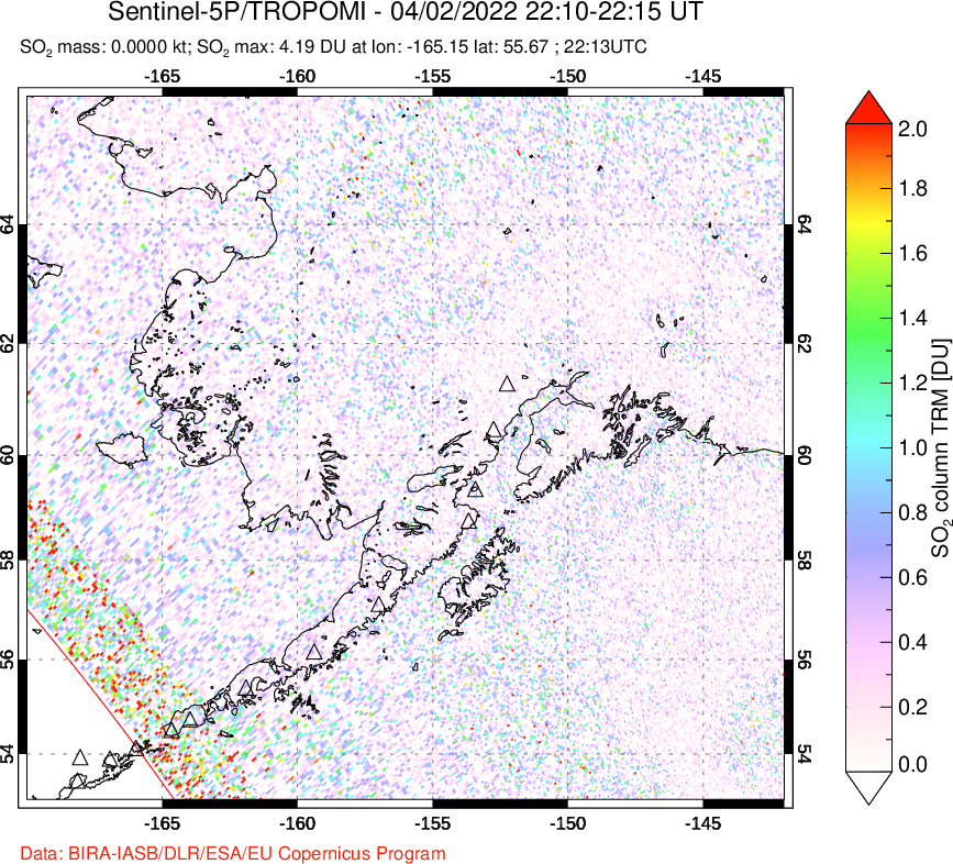 A sulfur dioxide image over Alaska, USA on Apr 02, 2022.