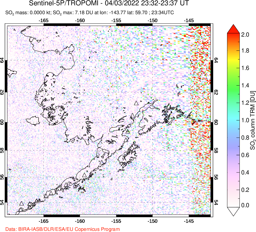 A sulfur dioxide image over Alaska, USA on Apr 03, 2022.