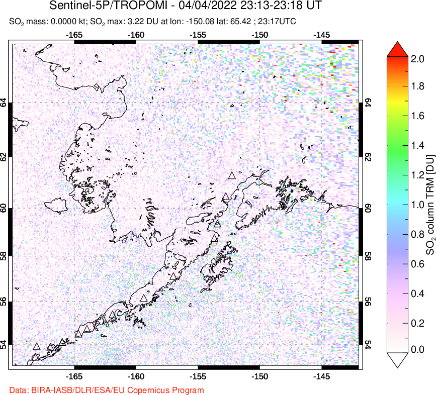 A sulfur dioxide image over Alaska, USA on Apr 04, 2022.
