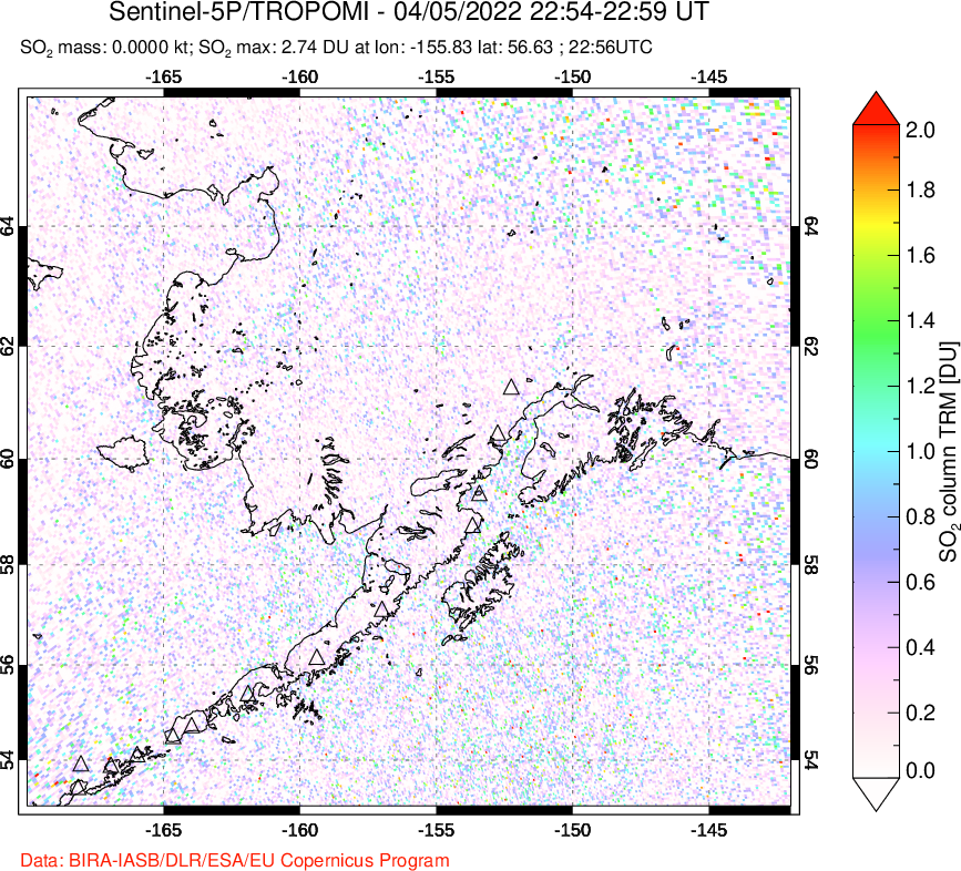 A sulfur dioxide image over Alaska, USA on Apr 05, 2022.
