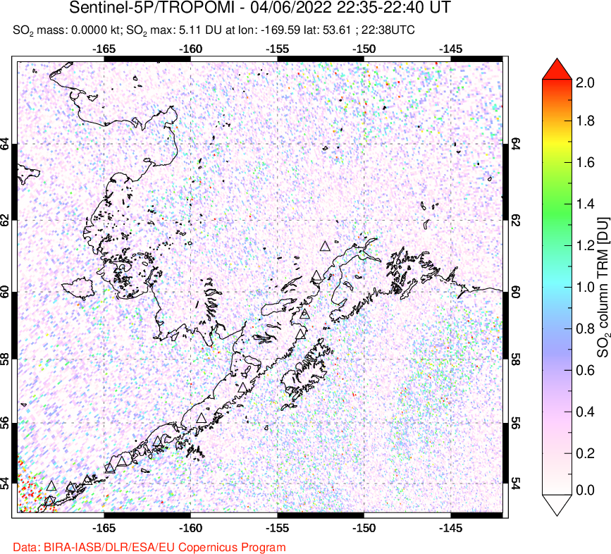 A sulfur dioxide image over Alaska, USA on Apr 06, 2022.