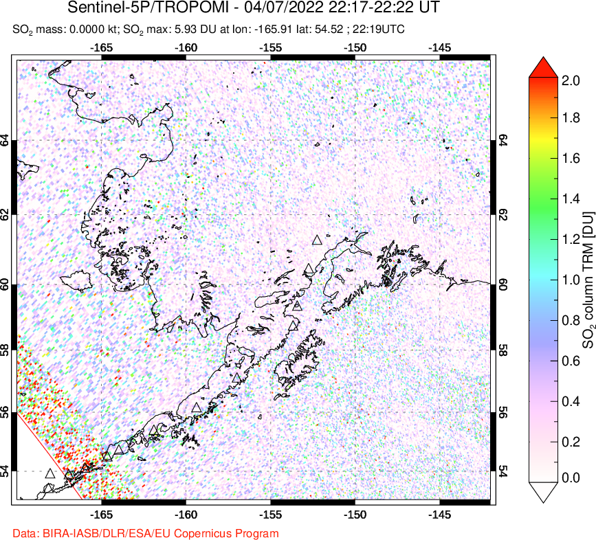 A sulfur dioxide image over Alaska, USA on Apr 07, 2022.