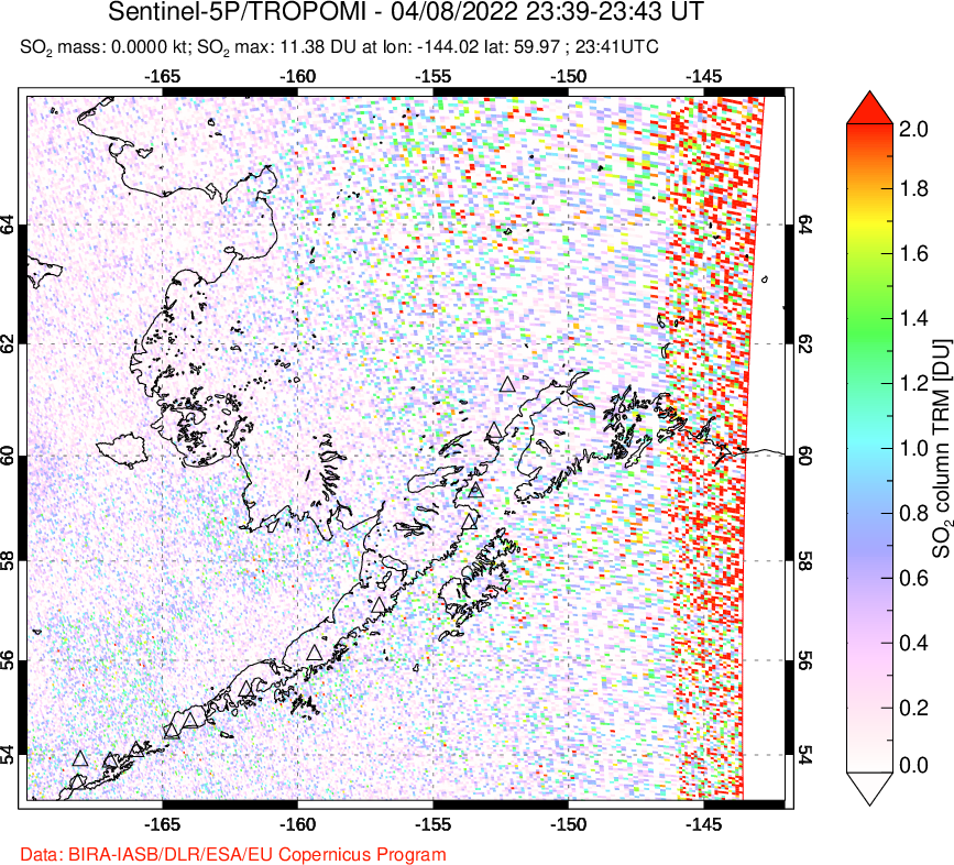 A sulfur dioxide image over Alaska, USA on Apr 08, 2022.