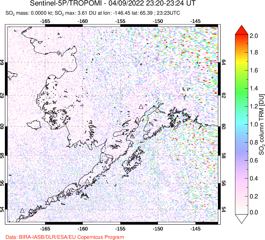 A sulfur dioxide image over Alaska, USA on Apr 09, 2022.