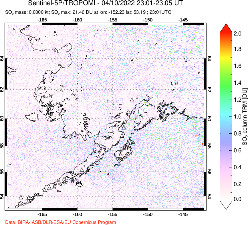 A sulfur dioxide image over Alaska, USA on Apr 10, 2022.
