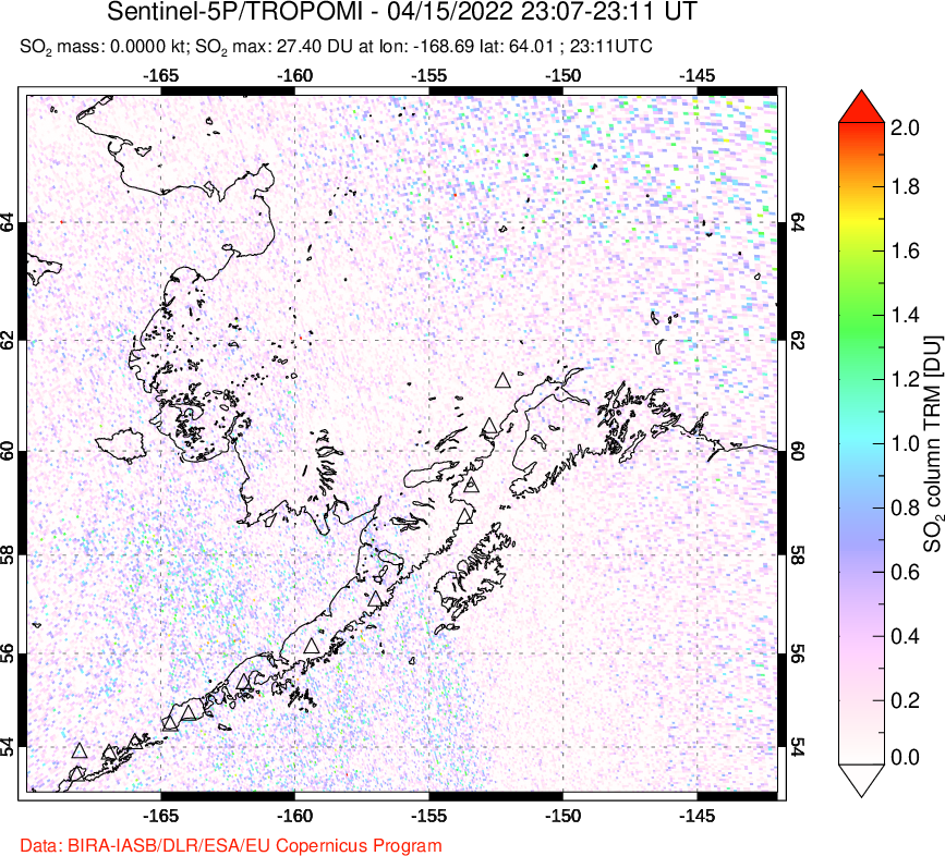 A sulfur dioxide image over Alaska, USA on Apr 15, 2022.