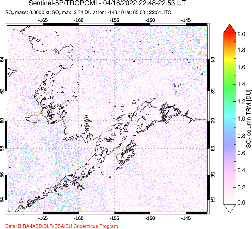 A sulfur dioxide image over Alaska, USA on Apr 16, 2022.