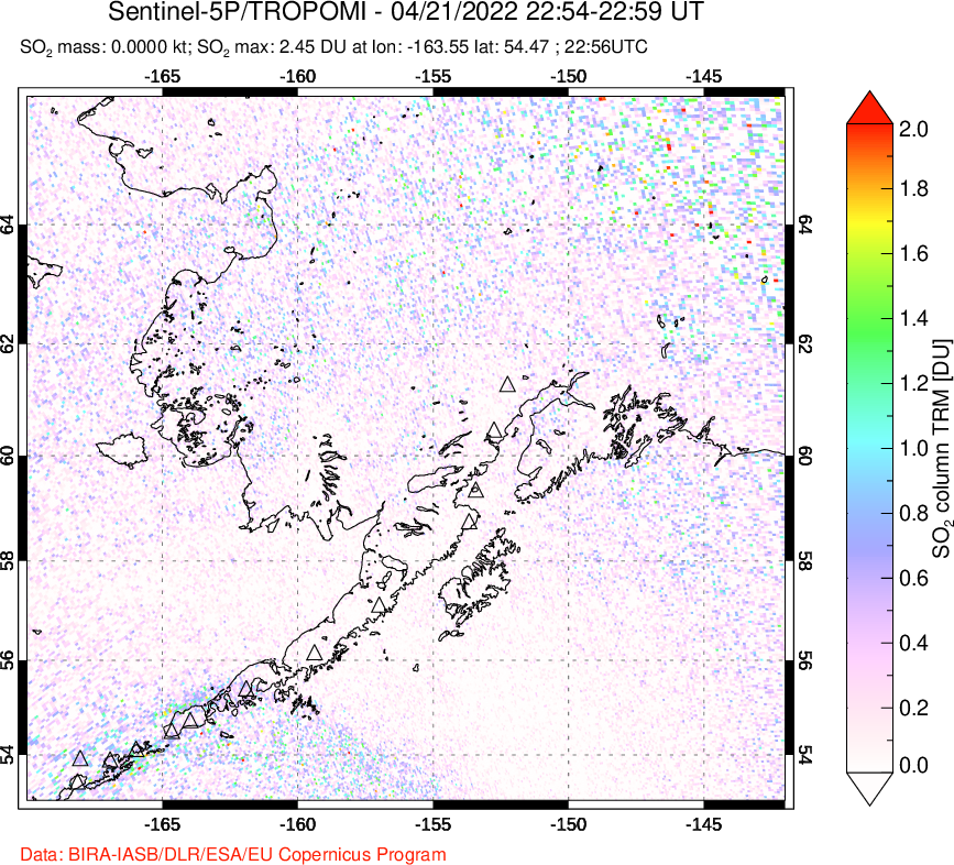 A sulfur dioxide image over Alaska, USA on Apr 21, 2022.
