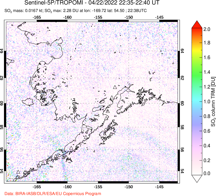 A sulfur dioxide image over Alaska, USA on Apr 22, 2022.