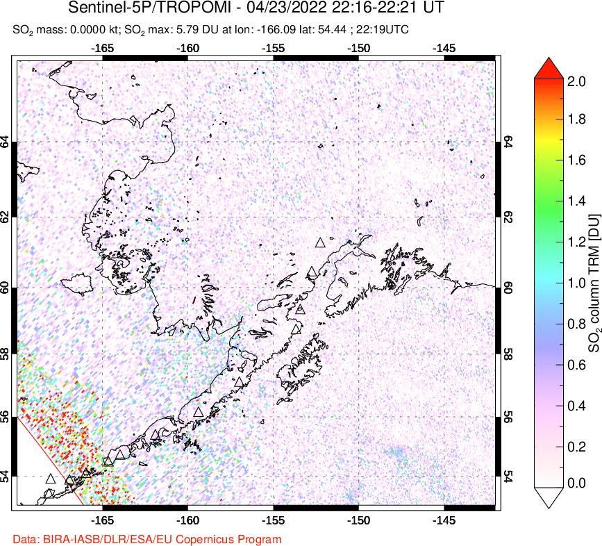 A sulfur dioxide image over Alaska, USA on Apr 23, 2022.