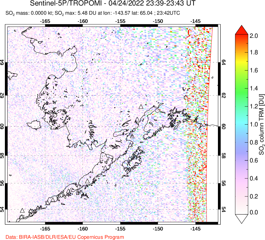 A sulfur dioxide image over Alaska, USA on Apr 24, 2022.