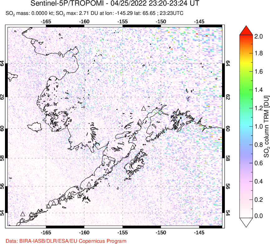 A sulfur dioxide image over Alaska, USA on Apr 25, 2022.