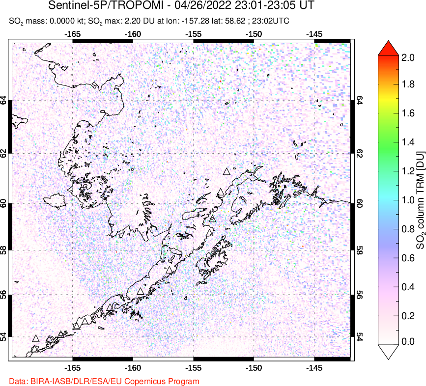 A sulfur dioxide image over Alaska, USA on Apr 26, 2022.