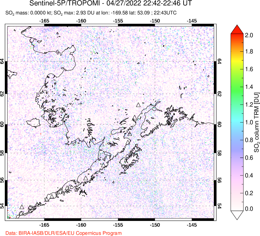 A sulfur dioxide image over Alaska, USA on Apr 27, 2022.