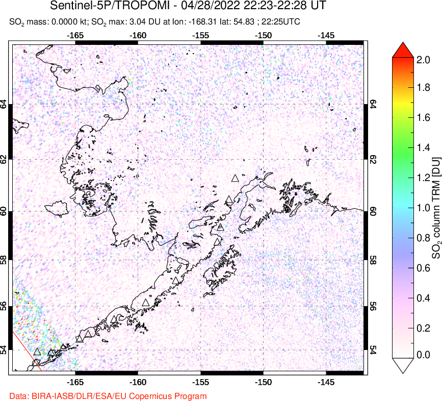 A sulfur dioxide image over Alaska, USA on Apr 28, 2022.