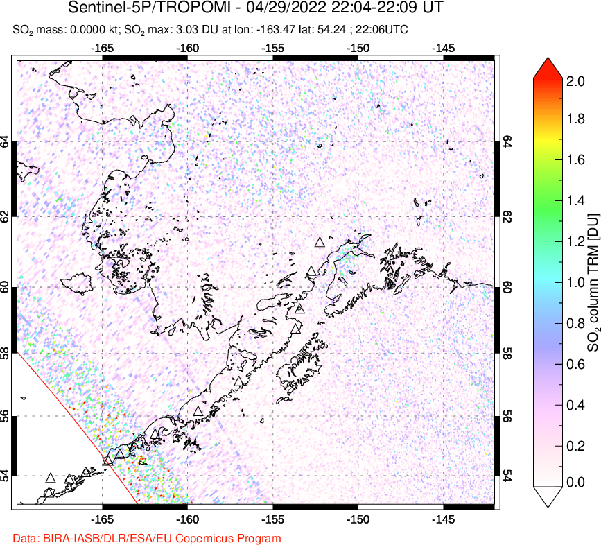 A sulfur dioxide image over Alaska, USA on Apr 29, 2022.