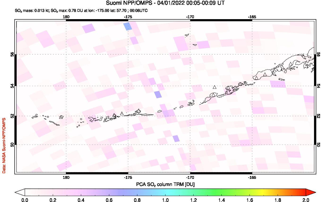 A sulfur dioxide image over Aleutian Islands, Alaska, USA on Apr 01, 2022.
