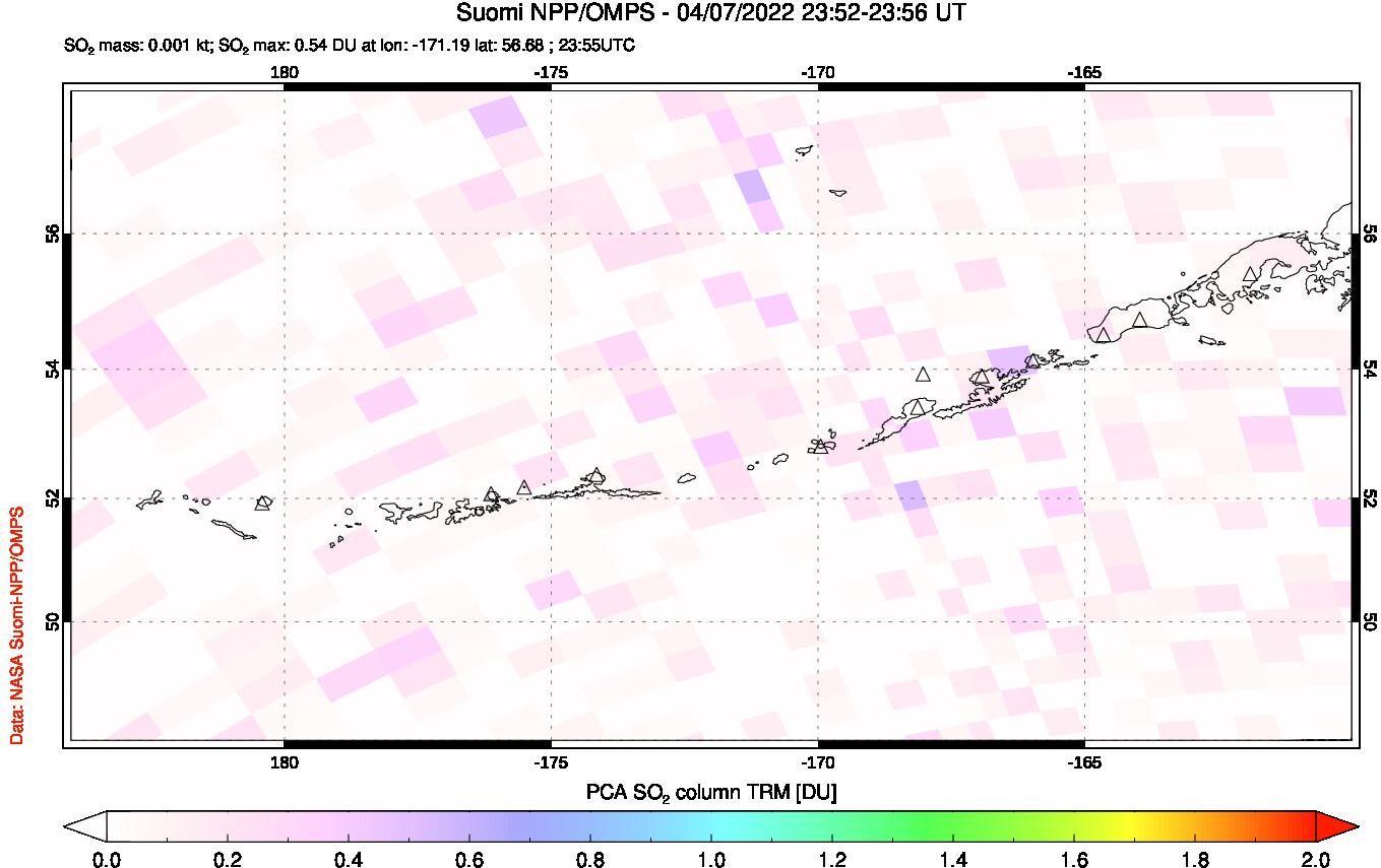 A sulfur dioxide image over Aleutian Islands, Alaska, USA on Apr 07, 2022.