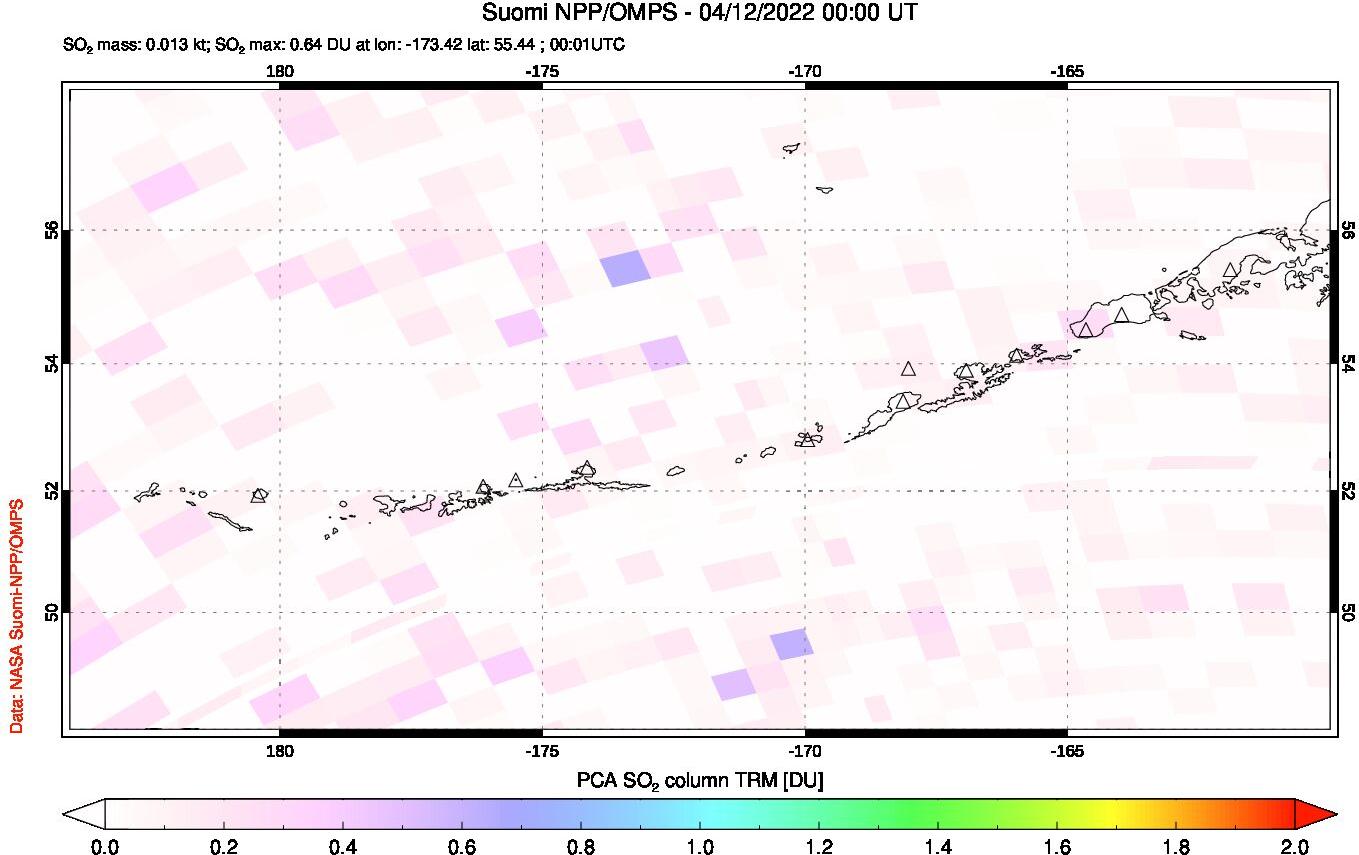 A sulfur dioxide image over Aleutian Islands, Alaska, USA on Apr 12, 2022.