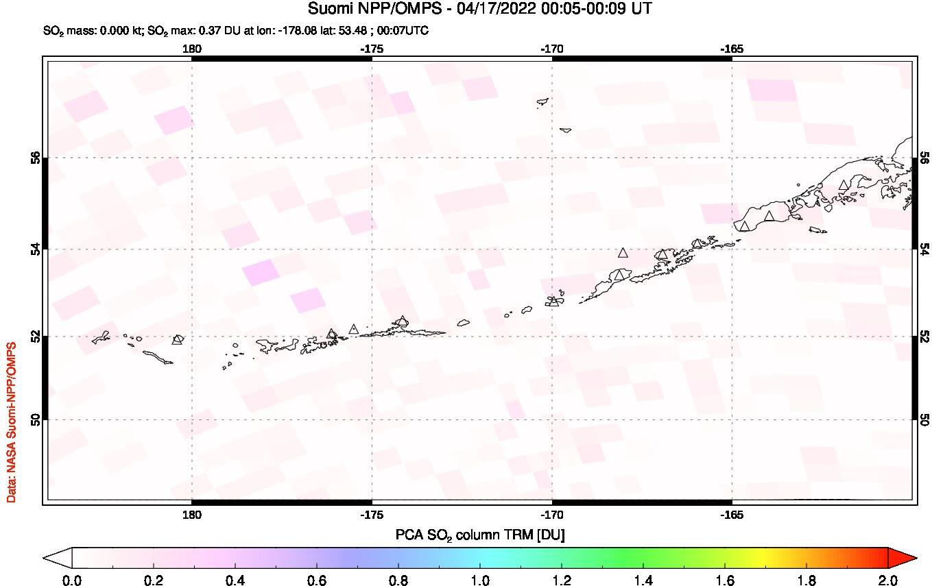 A sulfur dioxide image over Aleutian Islands, Alaska, USA on Apr 17, 2022.
