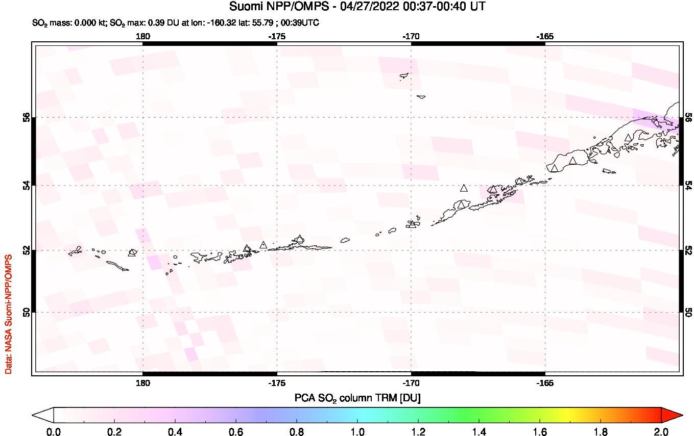 A sulfur dioxide image over Aleutian Islands, Alaska, USA on Apr 27, 2022.