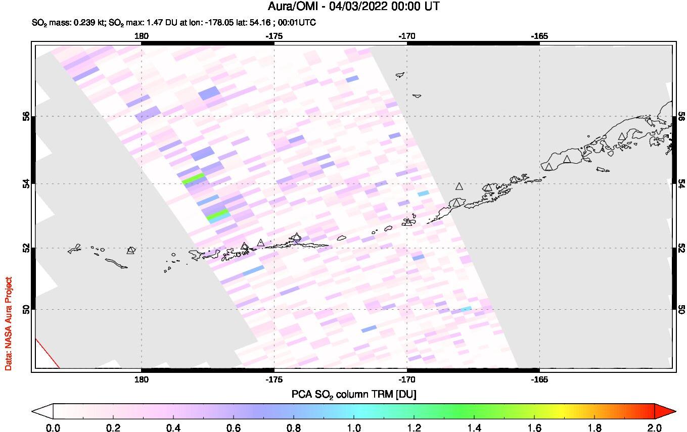 A sulfur dioxide image over Aleutian Islands, Alaska, USA on Apr 03, 2022.