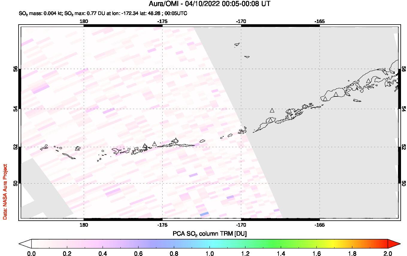 A sulfur dioxide image over Aleutian Islands, Alaska, USA on Apr 10, 2022.